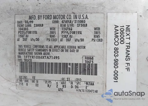 1999 Ford Ranger Xlt из США, поврежденный, VIN 1FTYR10X4XTA71495